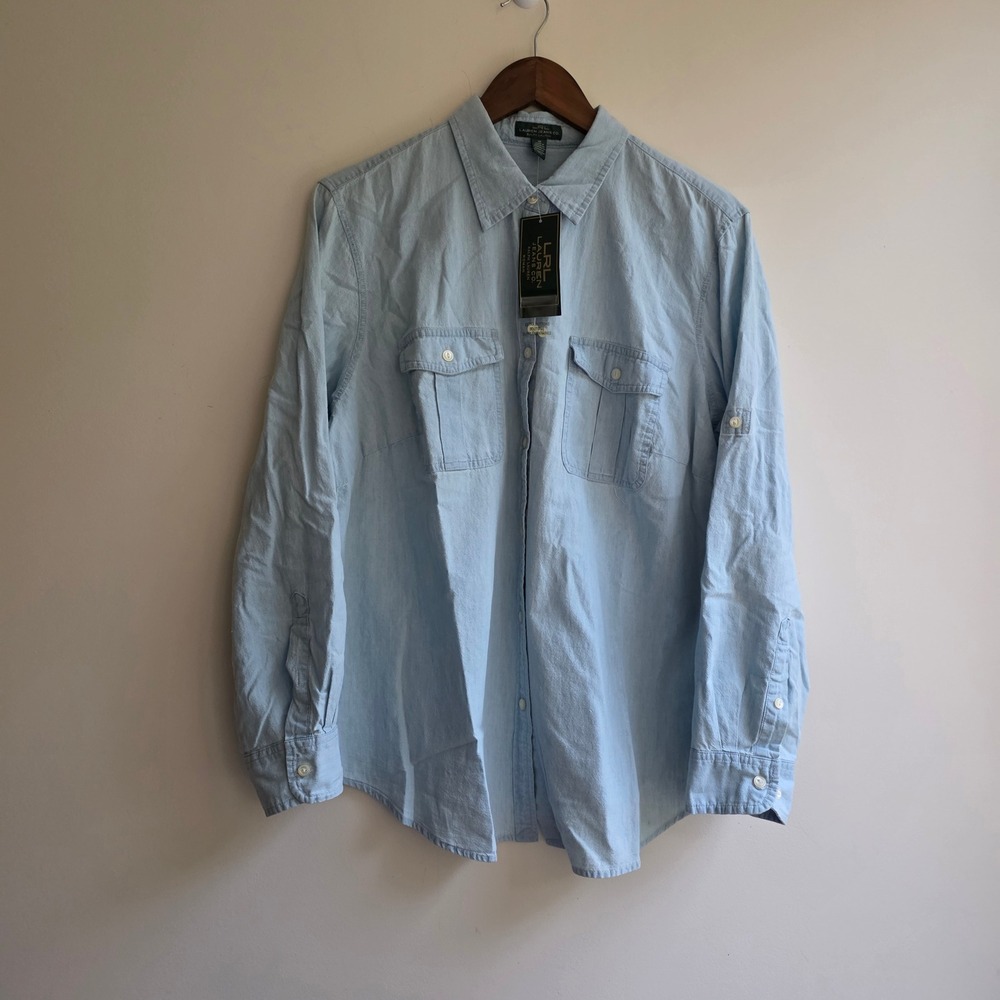 Lauren Ralph Lauren Womens 1X Chambray Button Down Shirt Blue Cotton Roll Tab
